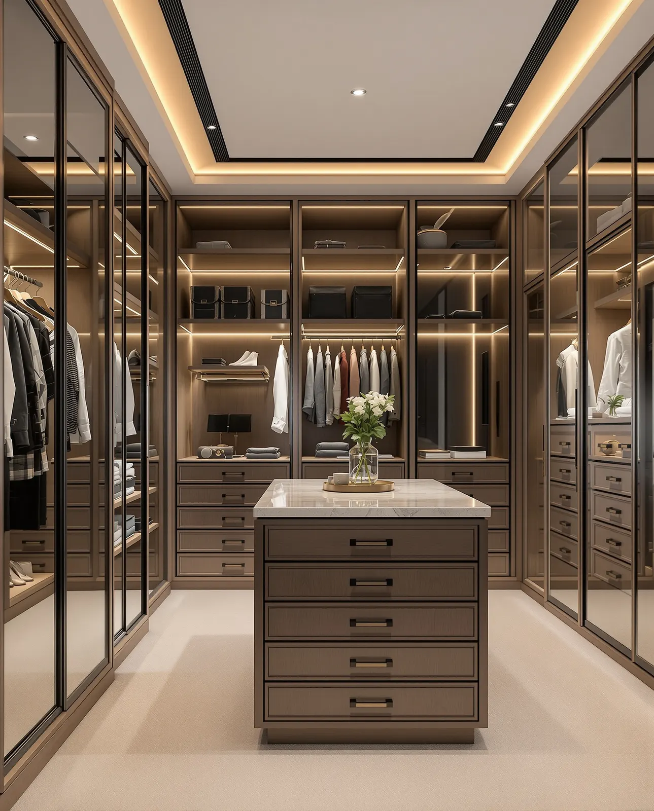 Dressing sur mesure en chêne fumé avec îlot central (visuel d'inspiration)
