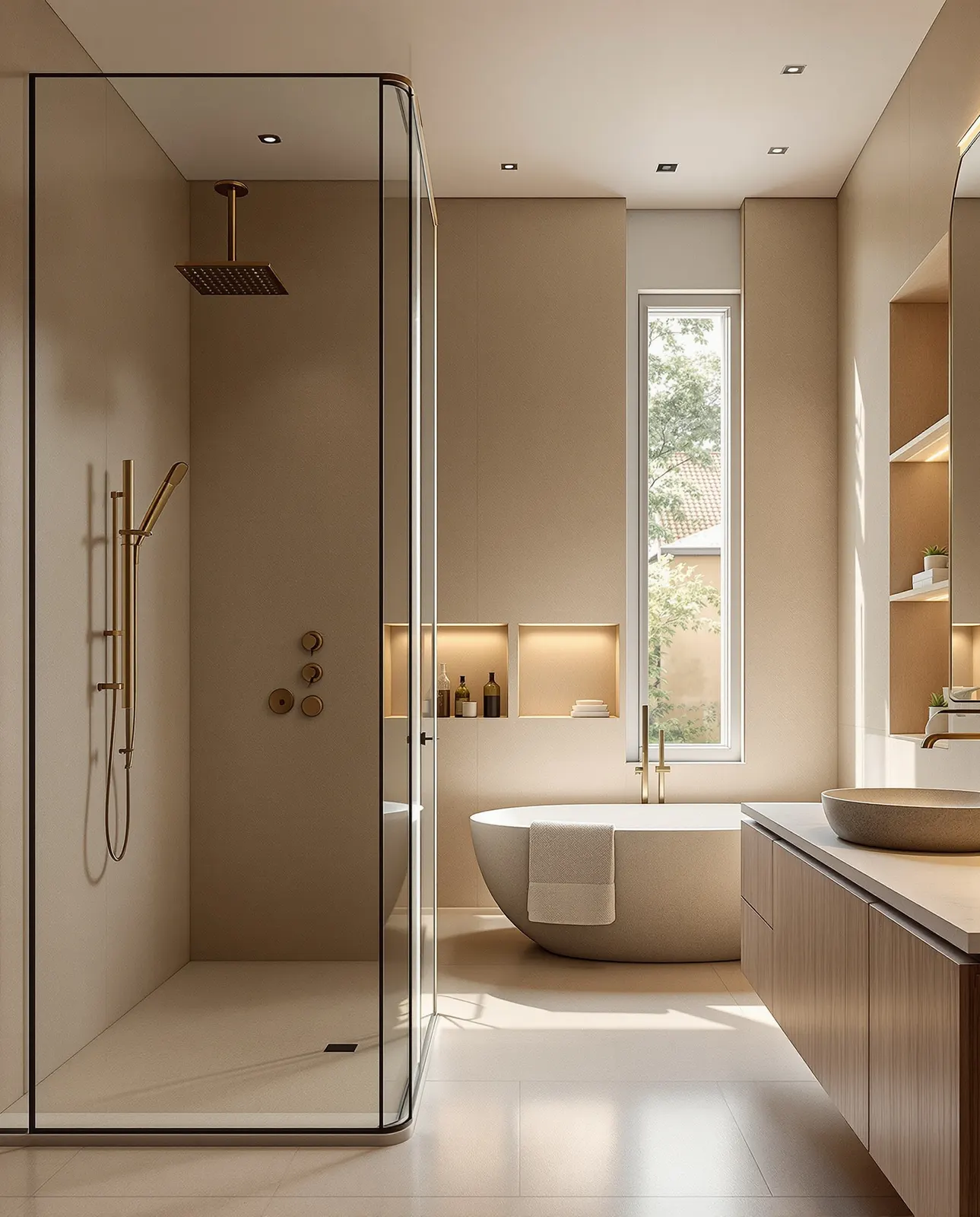 Salle de bain en microciment avec baignoire en pierre (visuel d'inspiration)