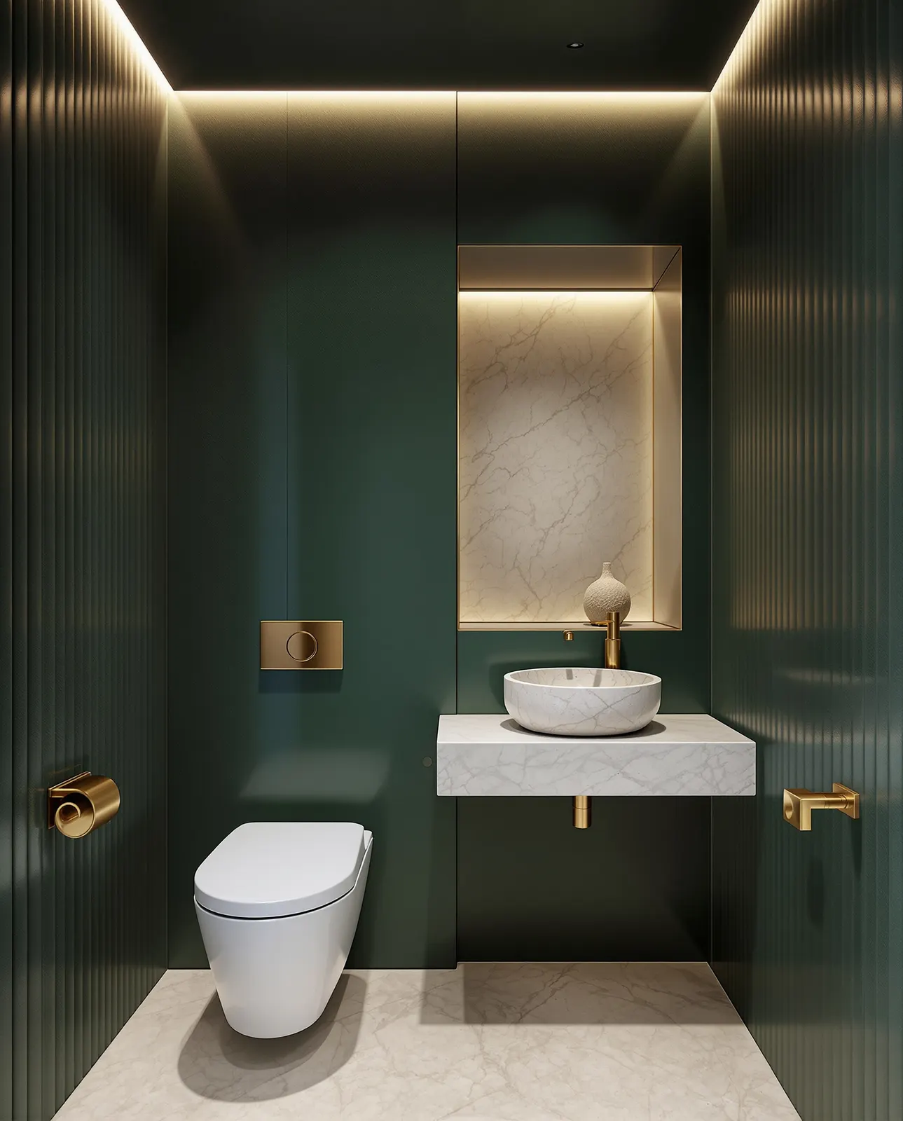 Toilettes d'invités en plâtre cannelé vert avec vasque en pierre (visuel d'inspiration)