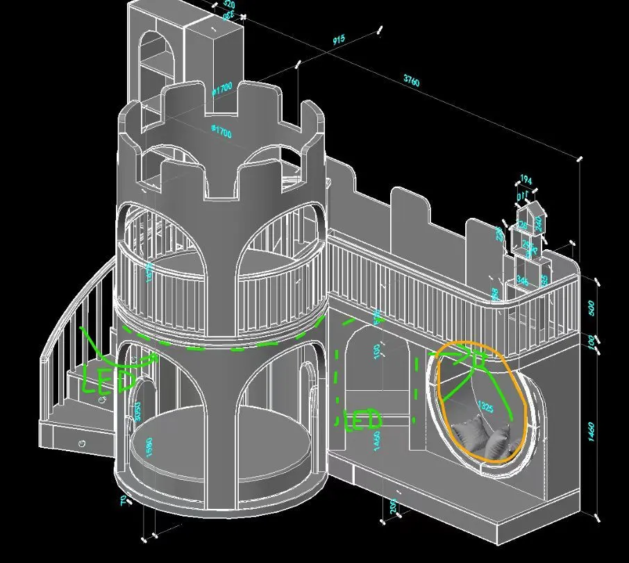 Plan 3D coté de la tour de château avec toboggan